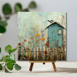 Whimsical Folk Art Botanical Wood Sign, Rustic Mini Art with Stained Easel, Grunge Cottagecore Decor, Nature Lover Gift, Small Wood Sign Set