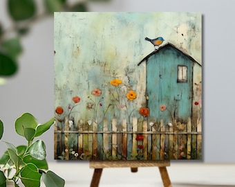 Whimsical Folk Art Botanical Wood Sign, Rustic Mini Art with Stained Easel, Grunge Cottagecore Decor, Nature Lover Gift, Small Wood Sign Set
