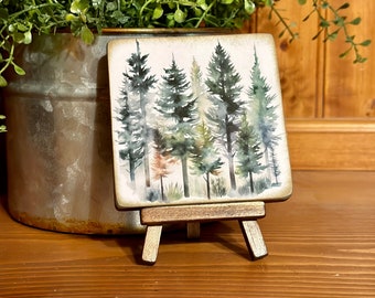 Watercolor pine tree wood signs, mini wood art, nature inspired, forest art, country decor, pine picture, easel art, handcrafted gift