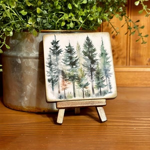 Watercolor pine tree wood signs, mini wood art, nature inspired, forest art, country decor, pine picture, easel art, handcrafted gift
