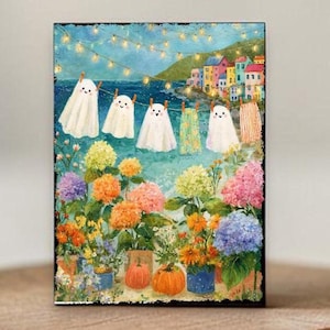 Summerween Ghost Clothesline Wood Sign, Cottagecore Halloween Shelf Decor, Whimsical Floral Ghost Block Sign Gift