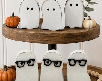 Juego de 3 mini fantasmas de madera: decoración de estante para Halloween, lisos o con cristales.