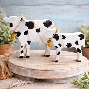 rustic wood cow and calf, handcrafted cow kitchen decor, cow lover gift idea, cozy country home, modern farmhouse cow decor, black and white