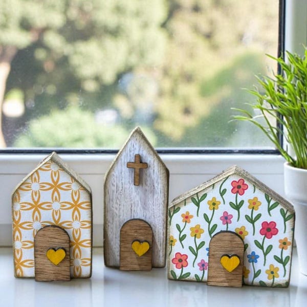 Mini Wooden Spring Village Decor – Cottage Houses with Church, Easter Shelf Accent