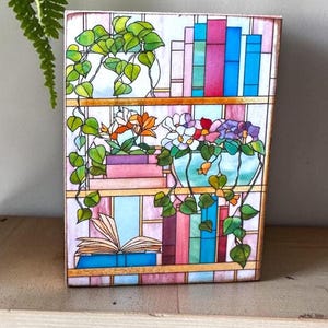 Book Lover Gift, Stained Glass wood sign, Whimsical Reader art, Cozy Literary Wood Block, Librarian,  Teacher, Shelf Sitter