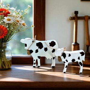 rustic wood cow and calf, handcrafted cow kitchen decor, cow lover gift idea, cozy country home, modern farmhouse cow decor, black and white