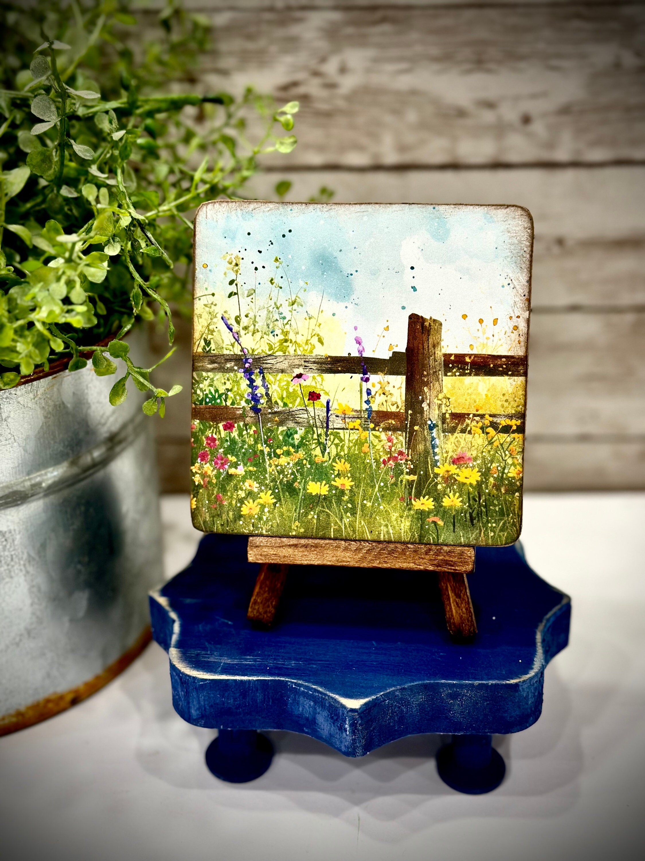 Summer floral wood signs with easel,mini art, summer decor, tiered tray, desk art, handcrafted gift,windowsill art, Mother&#39;s Day gift, bike