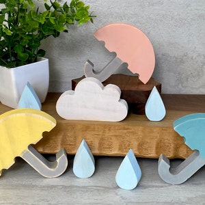 Wooden mini umbrellas,  wooden rain cloud and raindrops, tiered tray rain shower,  decor, Summer wood decor accents, baby shower, nursery