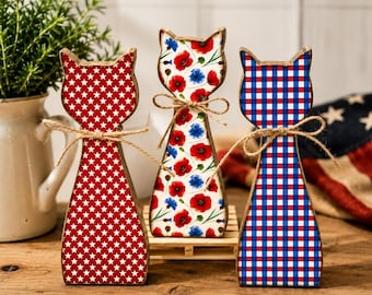 Patriotic Wooden Cat Decor, Americana Shelf Sitter, Red White Blue Cottage Cat, 4th of July Decor, Whimsical Cat Lover Gift
