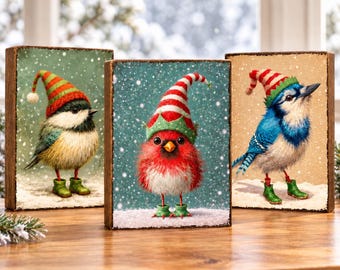 Christmas Bird Wood Block, 3x4 Rustic Holiday Shelf Sitter, Cardinal Chickadee or Blue Jay Winter Decor, Farmhouse Tiered Tray Accent