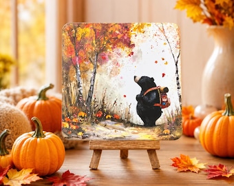 Whimsical Fall Bear Wood Sign With Easel, Autumn Forest Animal Decor, Cozy Bear Gift for Fall Shelf