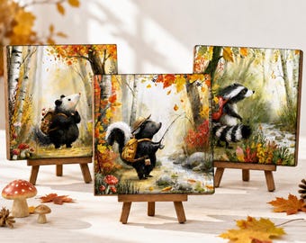 Woodland Animal Fall Sign, Raccoon Skunk or Possum Autumn Decor with Easel, Fall forest art