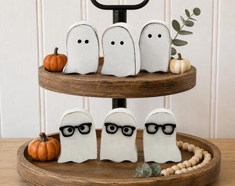 Mini Wooden Ghosts Set of 3: Halloween Shelf Decor, Plain or Glasses