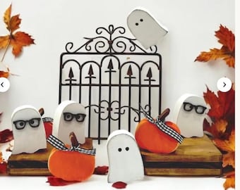 Mini Halloween Ghost & Pumpkin Trio, Cute Ghosts with Glasses, Fall tiered tray decor, coffee bar ghost, Halloween shelf sitters,  gift idea