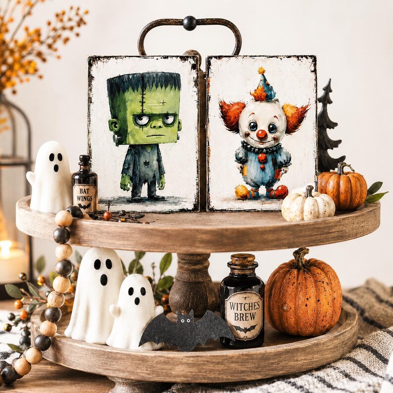 Halloween Wood Block Decor, Spooky Cute Shelf Sitter, Vintage Halloween Character Art, Mummy Cat Monsters, Tiered Tray accent, boo baskets image 2