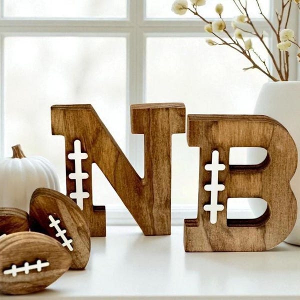 Wooden Football Letters,  3D Lacing, Mini Football Trio, Football Season Decor for Fans & Coaches, Sports Room Shelf Decor, Man Cave Accent