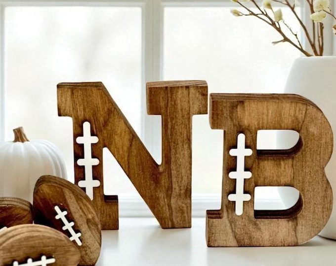 Wooden Football Letters,  3D Lacing, Mini Football Trio, Football Season Decor for Fans & Coaches, Sports Room Shelf Decor, Man Cave Accent