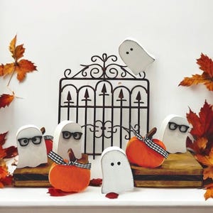 Mini Halloween Ghost & Pumpkin Trio, Cute Ghosts with Glasses, Fall tiered tray decor, coffee bar ghost, Halloween shelf sitters,  gift idea