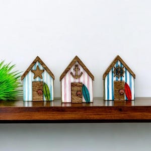 wooden beach huts, decor for beach house, decor beach nursery, gift for her coastal, gift for housewarming, shelf decor nautical, mini house
