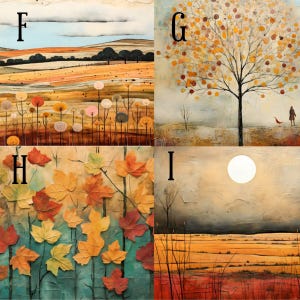 Whimsical Fall Folk Art, Wood Block Prints, Primitive Mini Art, Autumn ...