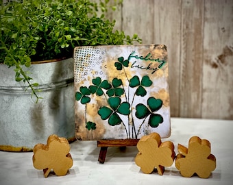 St. Patrick's Day handcrafted wood sign, Green shamrock sign with easel, Lucky Irish-themed gift, St Patricks tiered tray accents, festive