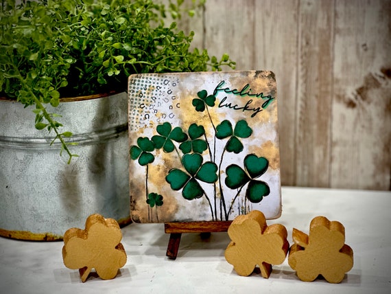 St. Patrick's Day handcrafted wood sign, Green shamrock sign with easel, Lucky Irish-themed gift, St Patricks tiered tray accents, festive