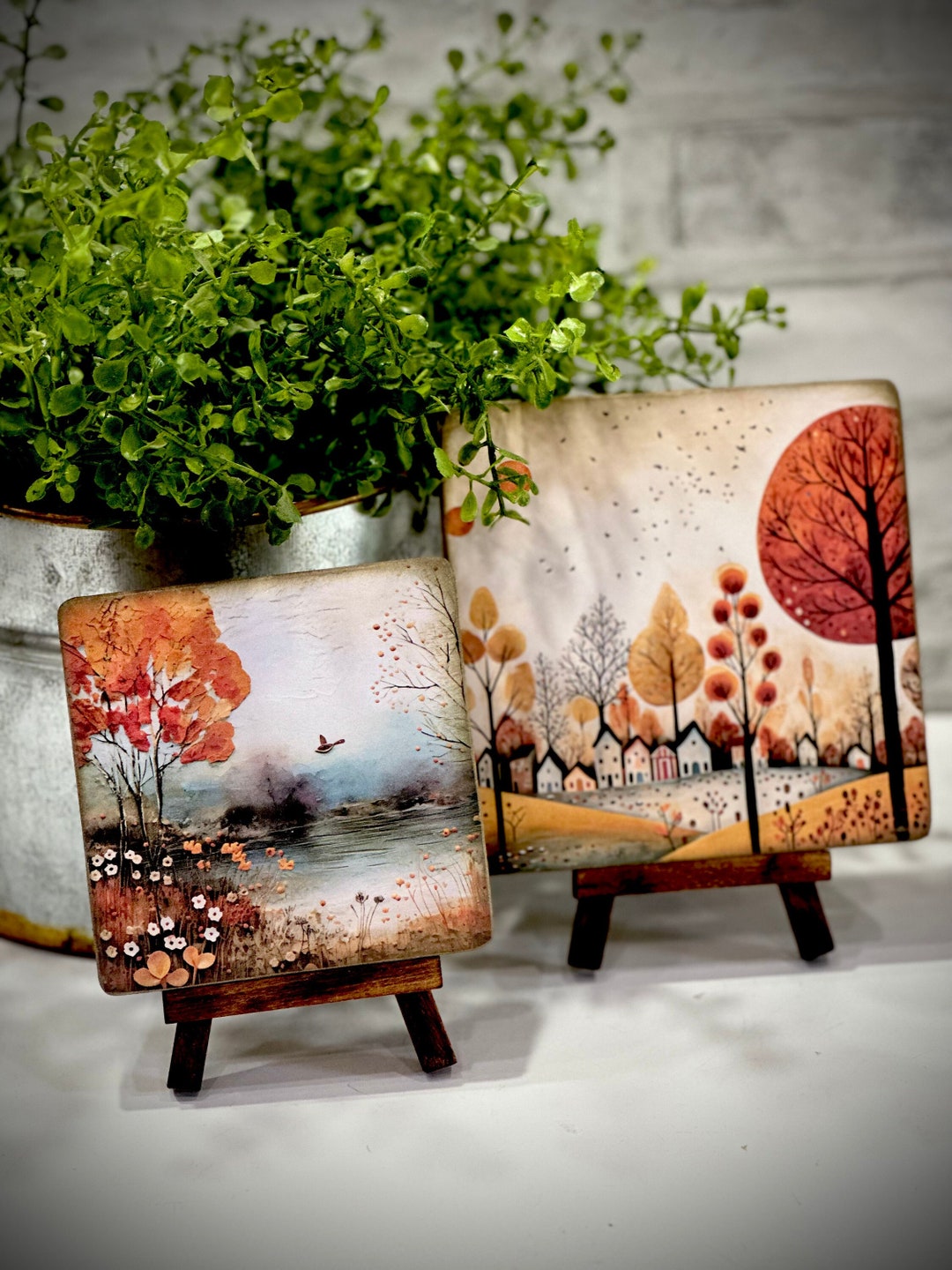 Whimsical Fall Folk Art, Wood Block Prints, Primitive Mini Art, Autumn ...