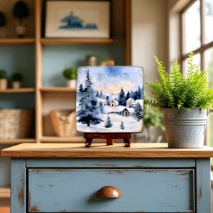 Winter art scene with easel for Christmas display, watercolor winter wonderland art, Natural wood winter scene, gift for winter season image 4