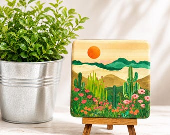 Mini Wood Cactus Art with Easel Desert Scenery in Southwest Home Decor Gift for Friend Cacti Lover Vibrant Art Western Sign Desk Art