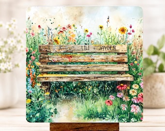 Personalized wooden sign and easel, Colorful wildflower art for home decor, Custom engagement gift, Rustic floral bench sign,anniversary art