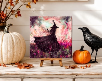 Witch Wood Sign, Halloween Shelf Decor, Whimsical Witch Art on Easel, Fall Cottagecore Decor