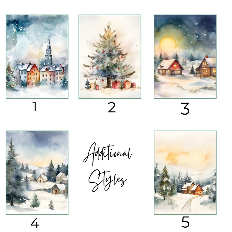 May include: Five watercolor illustrations of winter scenes. The first image shows a snowy village with a church steeple. The second image shows a Christmas tree with presents underneath. The third image shows a snowy village with a full moon in the sky. The fourth image shows a snowy village with a mountain in the background. The fifth image shows a snowy village with a sunset in the background.