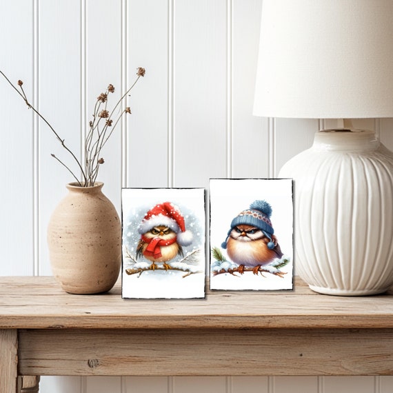 whimsical winter bird home decor, 3x4 wood block sign with cute cranky birds, whimsical holiday gift ideas for bird lovers,stocking stuffer
