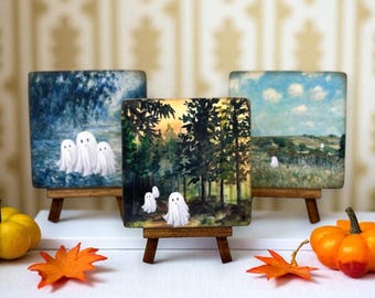 ghost in landscape art wood sign, mini wood signs with ghost scenery, Halloween mini signs with easel, cottagecore Halloween shelf decor