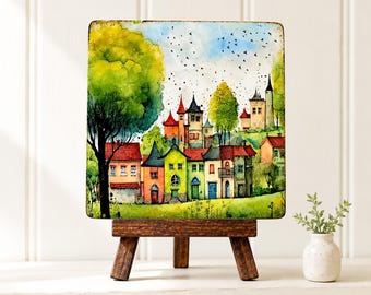 Whimsical Village Wood Sign, Cozy Cottagecore Shelf Decor, New Home Gift, Storybook Town Desk Sign with Easel