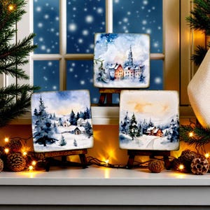 Winter art scene with easel for Christmas display, watercolor winter wonderland art, Natural wood winter scene, gift for winter season image 3
