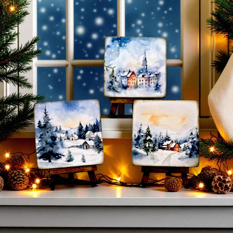 Winter art scene with easel for Christmas display, watercolor winter wonderland art, Natural wood winter scene, gift for winter season image 3