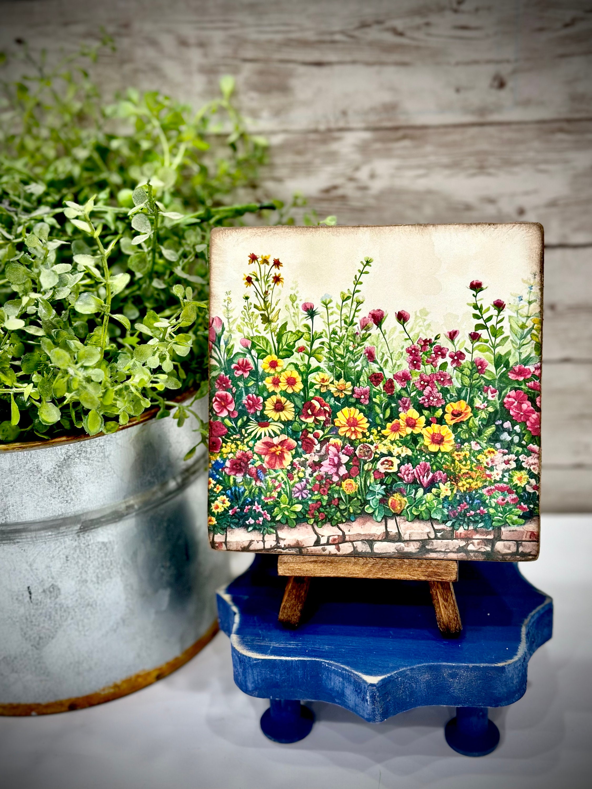 Summer floral wood signs with easel,mini art, summer decor, tiered tray, desk art, handcrafted gift,windowsill art, Mother&#39;s Day gift, bike