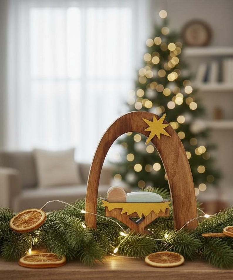 Op de afbeelding: Houten kerststal met een gele ster en een baby in een kribbe. De sc&egrave;ne is omgeven door groen, gedroogde sinaasappelschijfjes en fee&euml;rieke lichtjes. Op de achtergrond staat een kerstboom met vage lichtjes.