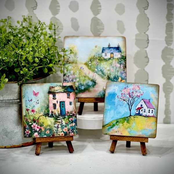 Spring cottage wood signs, pastel art on easel,mini art, floral landscape, Easter decor, tiered tray, desk art, handcrafted gift,windowsill