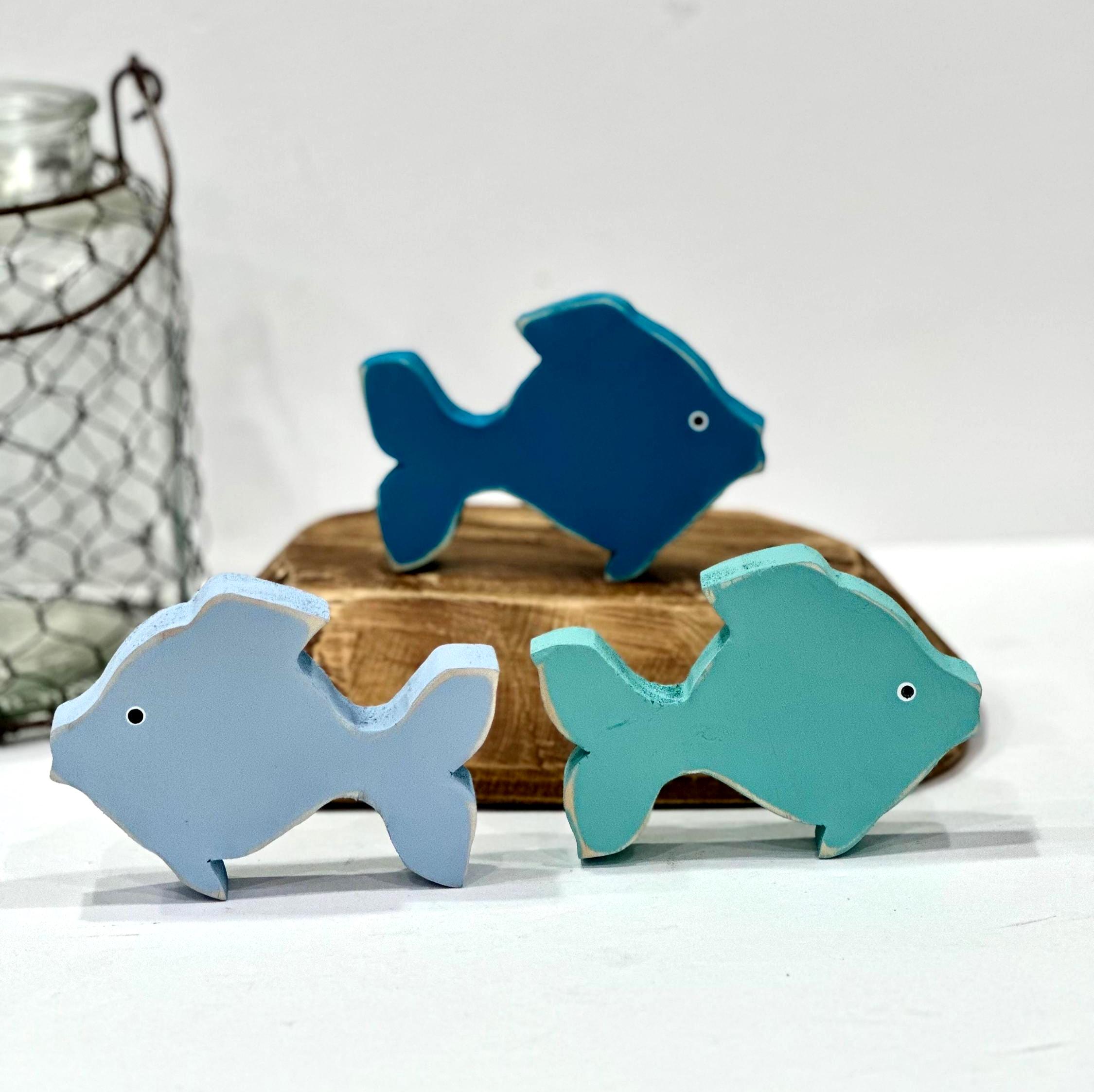 coastal blue wooden fish decor,nautical fish shelf sitter,summer coastal tiered tray accents,beach cottage style decor,gift for beach lovers