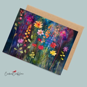 May include: Greeting card featuring a watercolor painting of colorful wildflowers in shades of pink, red, orange, and yellow against a dark blue background. The card is paired with a brown envelope. The text "Cardinal Creek Home" is in the lower left corner.