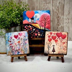 Whimsical Valentine's Day mini art, heart scenes on easels, Rustic Wood Art, Valentines tiered tray, gift for her, anniversary, girlfriend