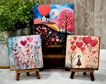 Whimsical Valentine's Day mini art, heart scenes on easels, Rustic Wood Art, Valentines tiered tray, gift for her, anniversary, girlfriend