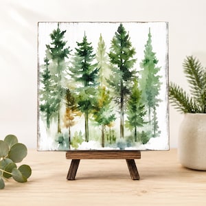 Watercolor Forest Wood Sign, Evergreen Tree Shelf Decor, Rustic Cabin Art, Mini Easel Decor for Nature Lovers
