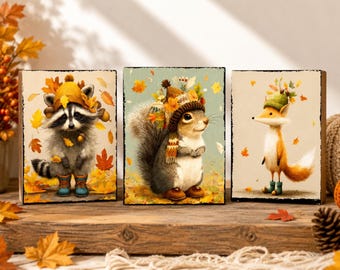 Fall Woodland Animal Wood Signs Set, Raccoon Squirrel Fox Shelf Decor, Autumn Tiered Tray Decor
