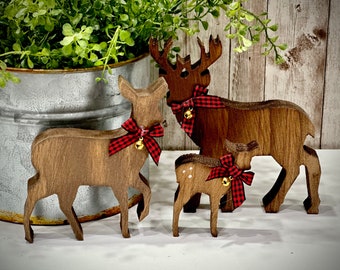 Wooden deer family, rustic holiday decor, stag, buck,  doe, fawn, woodland themed Christmas, Christmas cabin decor, Christmas tiered tray