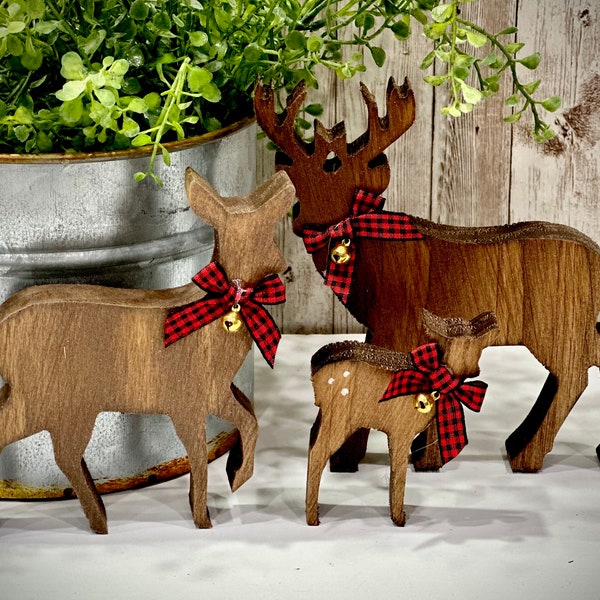 Wooden deer family, rustic holiday decor, stag, buck,  doe, fawn, woodland themed Christmas, Christmas cabin decor, Christmas tiered tray