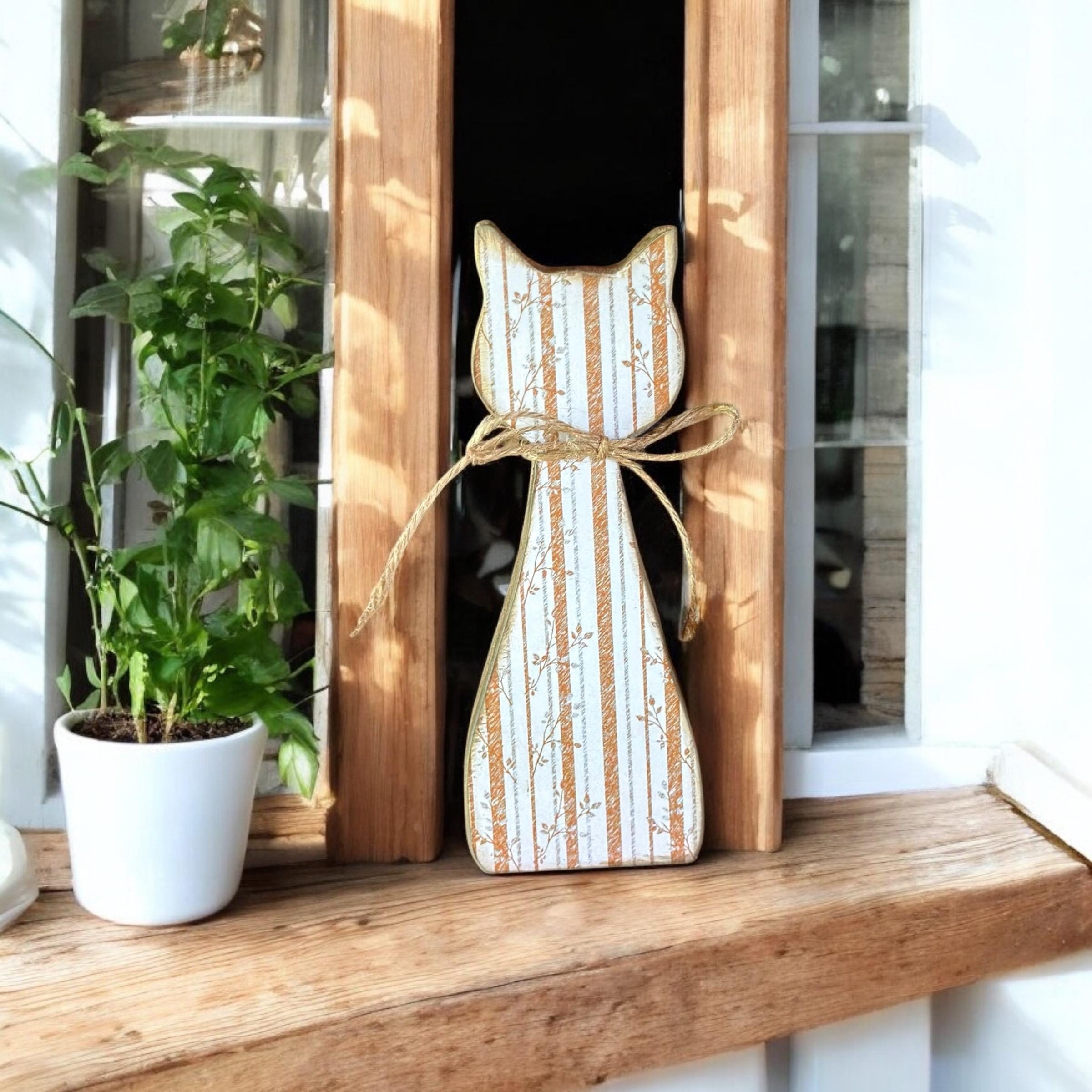 Wood Cat Home Accents, Fall Cottagecore Cat Decor, Floral Wooden Cat ...