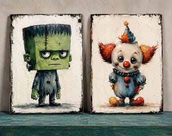 Halloween Wood Blocks monsters, Mummy, Clown, werewolf, vampire and more, Spooky Character Art